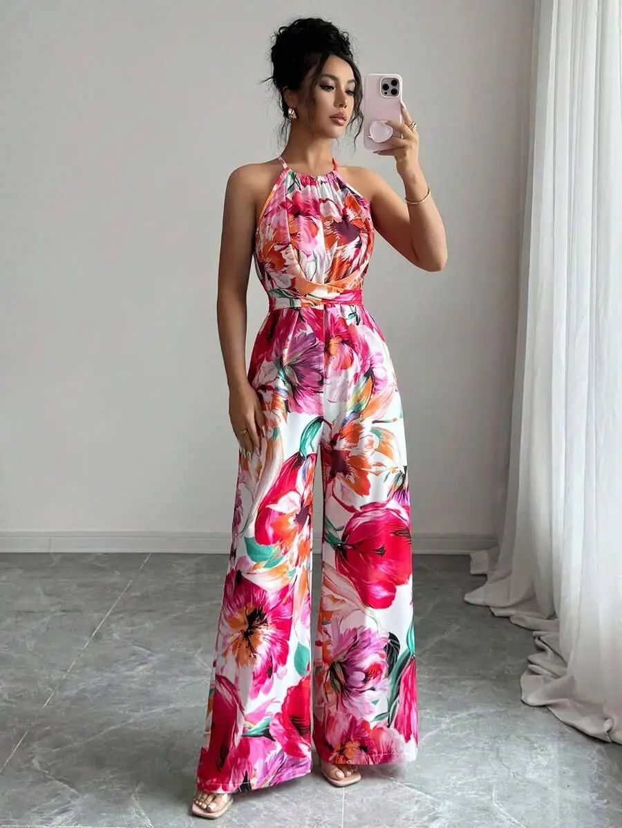 

Женский элегантный комбинезон Elenzga с тонкими бретелями, драпировкой и завязками на талии, без рукавов, с цветочным принтом