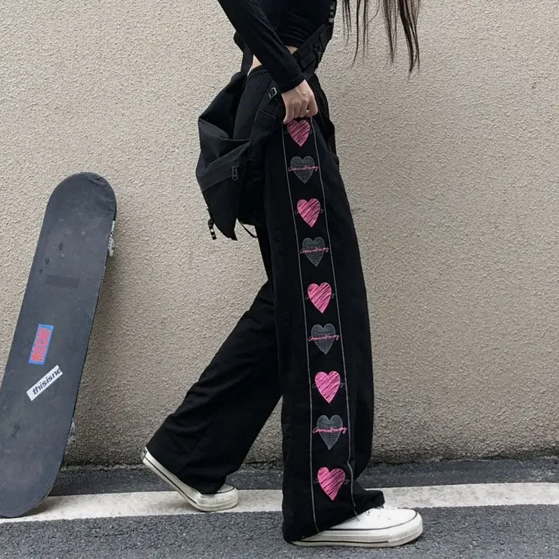 GIDYQ-pantalones de chándal con estampado de corazón para mujer, ropa de calle Y2k, Harajuku, informal, recto, coreano, suelto, cintura elástica, pierna ancha