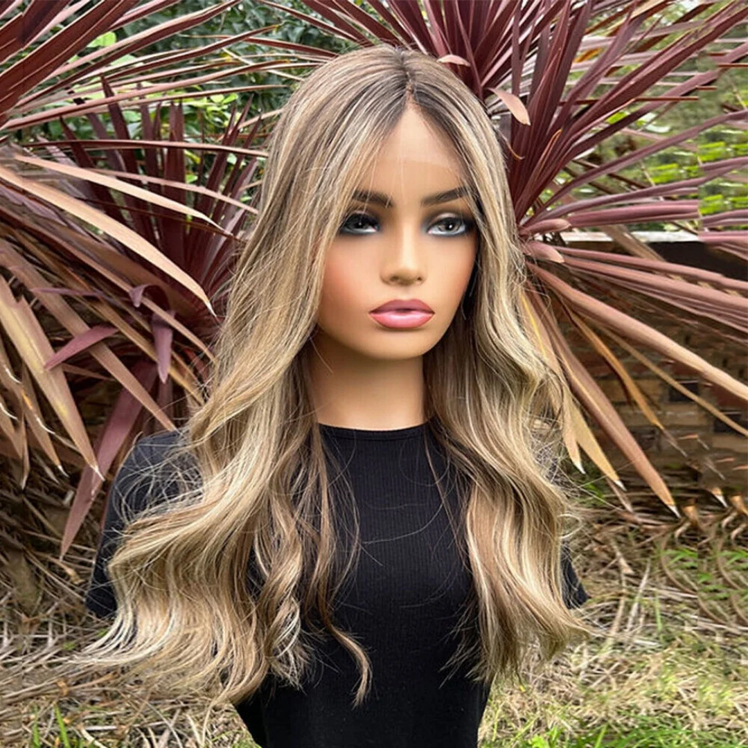 Long Highlight Brown Synthetic Wig With Dark Roots Trendy Body Wave Lace Frontal Wig 26 Inch Lace Top Wigs On Clearance Sale