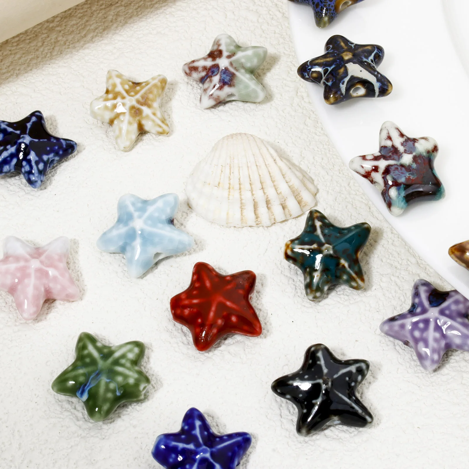 10 PCs Ceramic Starfish Ocean Jewelry Beads For DIY Jewelry Making Multicolor 3D Charms About 22mm x 19mm, Hole: Approx 2mm