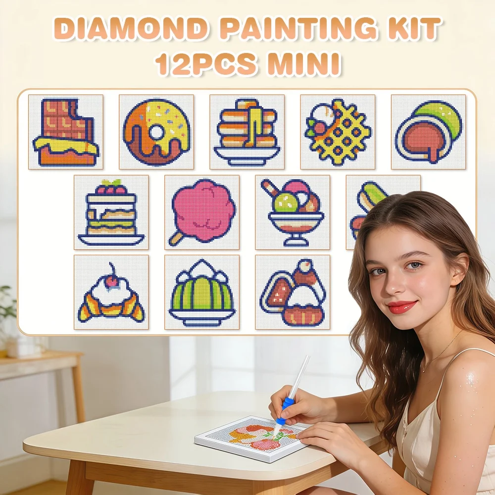 12 Stück MINI Diamantmalerei Lebensmittel-Motiv Vollrund-Mosaik Donut Waffel 5D DIY Stickerei Brot Bastel- und Kunstbedarf Heimdekoration