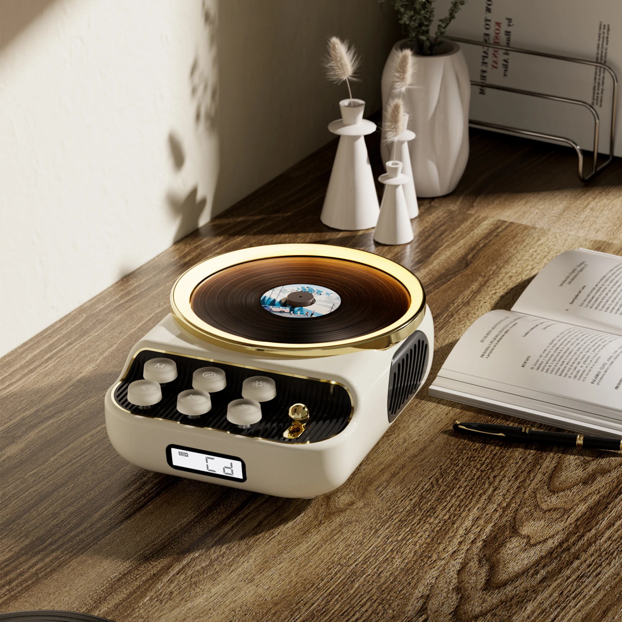 مشغل أقراص مضغوطة بتصميم عتيق من المصنع الأصلي 4 في 1 مكبر صوت محمول مع راديو FM وإضاءة ليلية دافئة #3