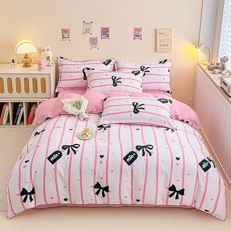 Pink Line Theme Duvet Cover Set Black Bow and Letter Print Bedding Pink and Black Love Heart Quilt Cover Girls Woman Room Decor