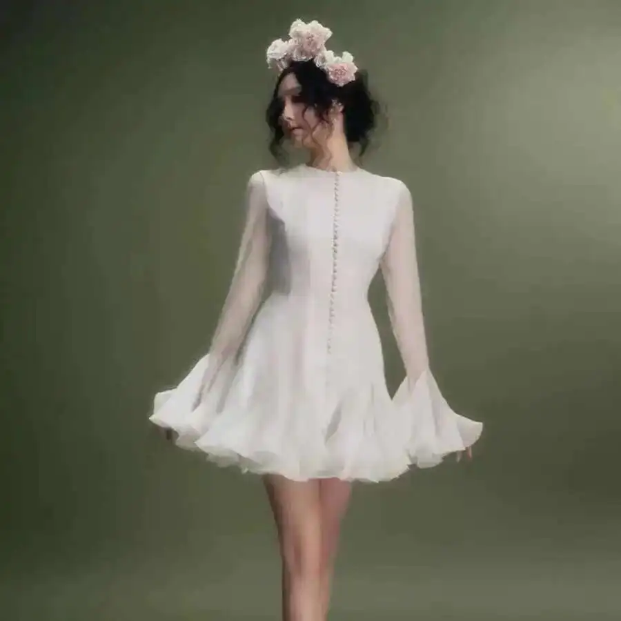 Outono inverno fada branco baile de formatura vestido de noite feminino manga longa único breasted camadas babados bolo vestidos de casamento senhora