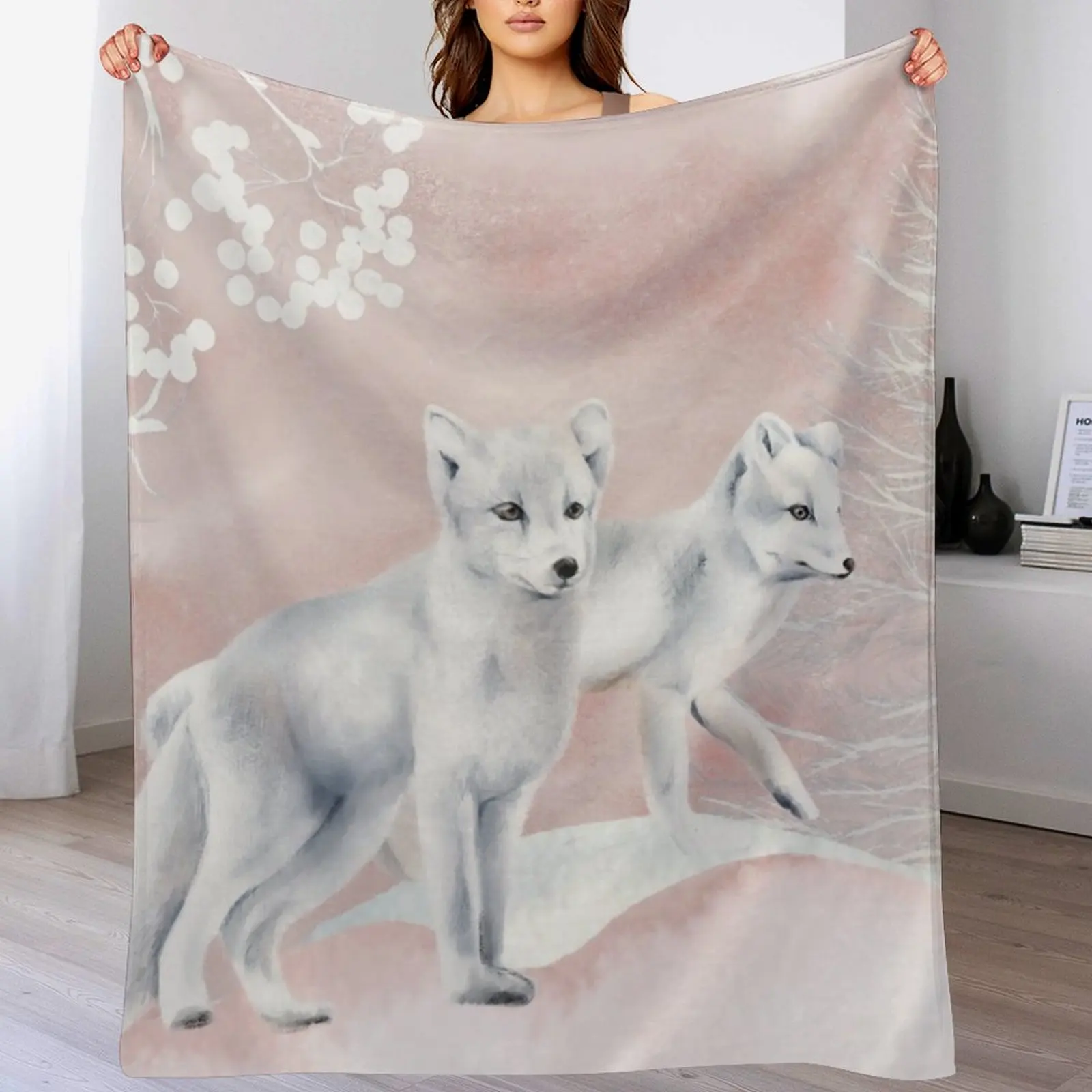 

Arctic Foxes in a White and Pastel Pink Winter Paradise Throw Blanket Cozy Light Blanket for Travel Camping Picnic