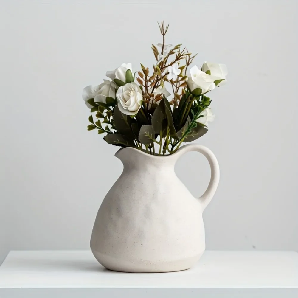 Resin Vase with Handle Rustic White Planter Modern Kettle Flower Pots Plant Pot Home Decoration Room Garden Accessories Gift