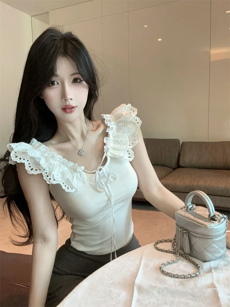 

Summer New Pure Desire One Shoulder Splice Lace Short Sleeve Wrap Waist Design Close Fit Women's Shirt Stylish Casual Top