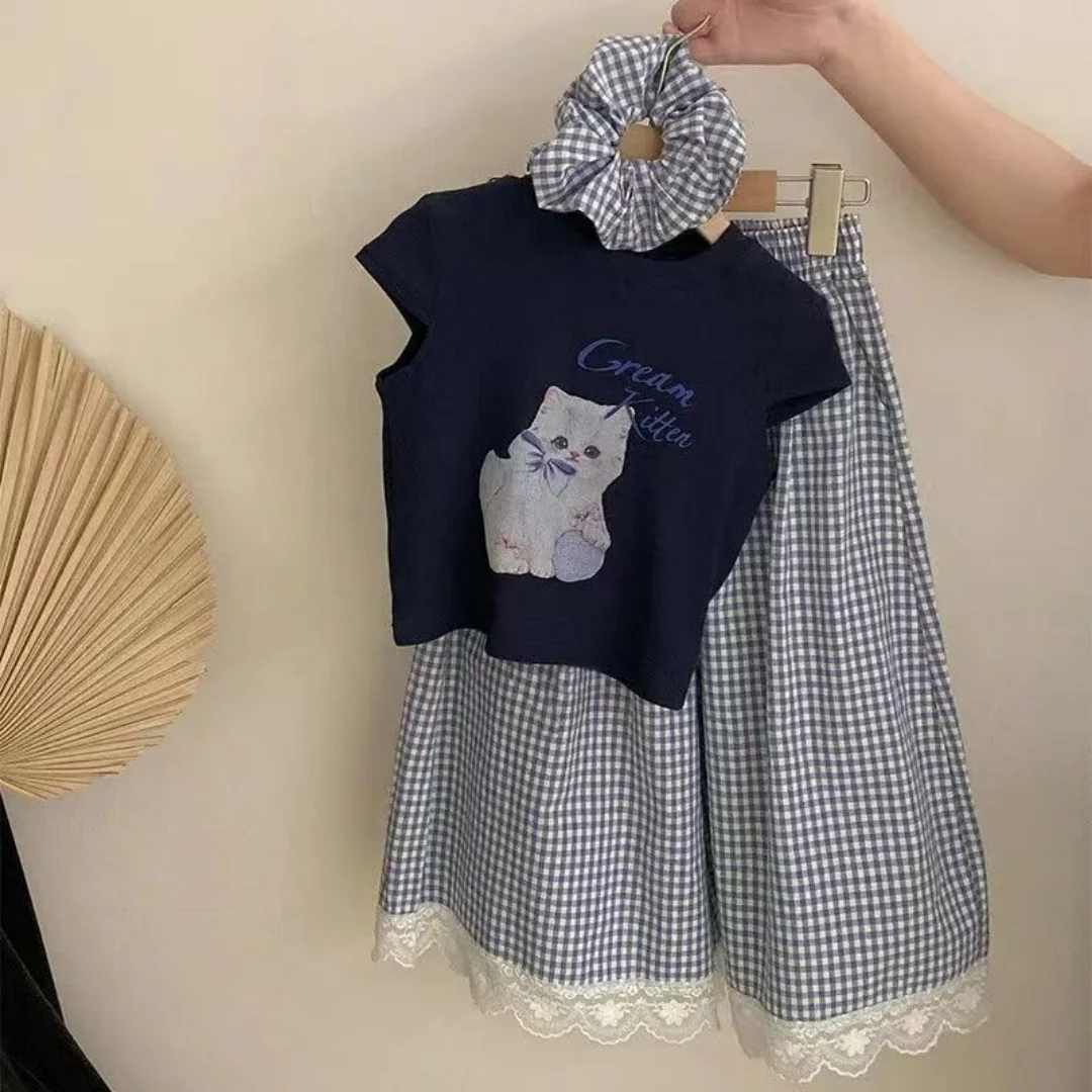 

2026 Summer New Children's Korean Casual Cat Print Top Plaid Skirt Fashionable Two-piece Set