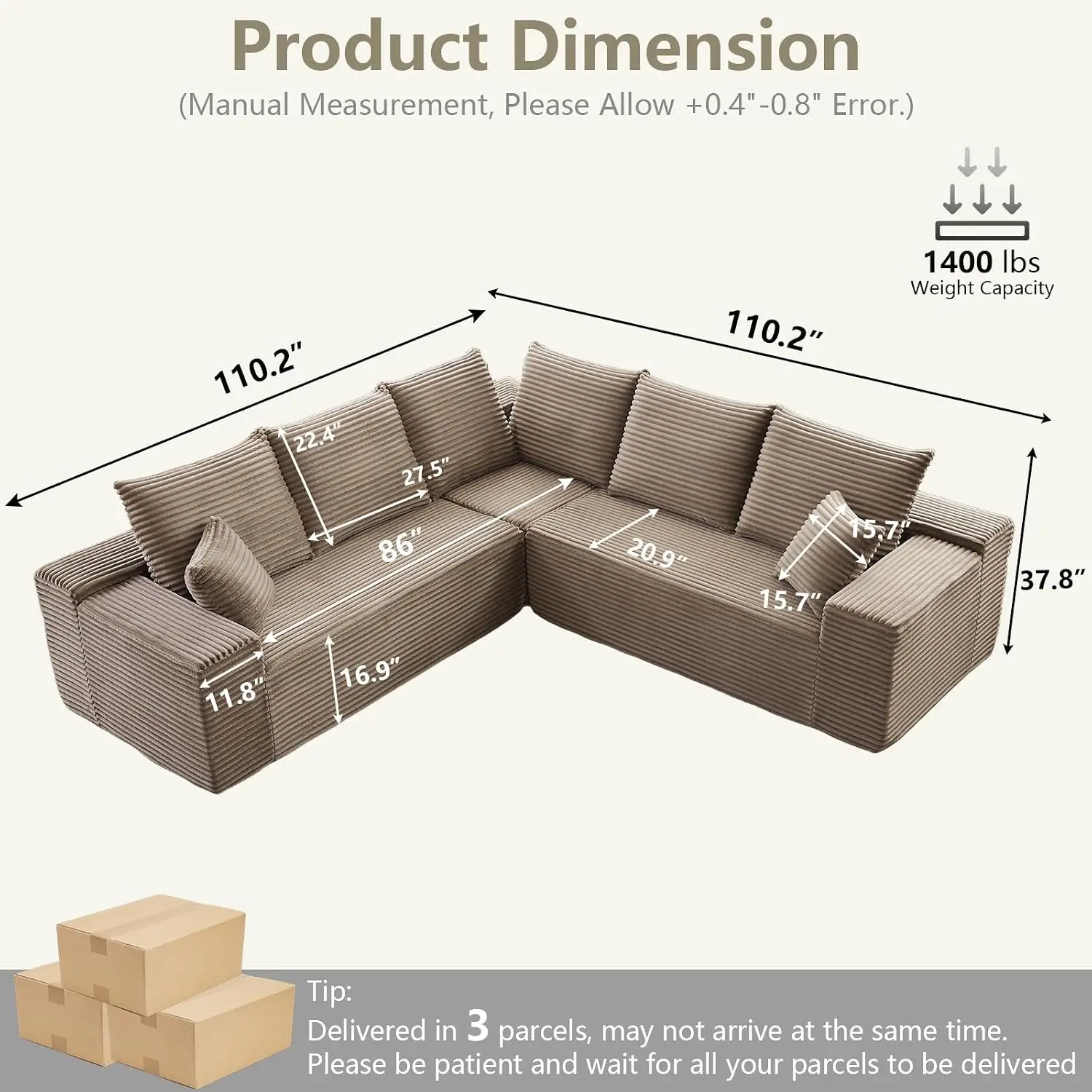 Modular Deep-Seat Sectional Sofa, L-Shape Corduroy Cloud Couch For Living Room Bedroom, No Assembly, Camel, Customized