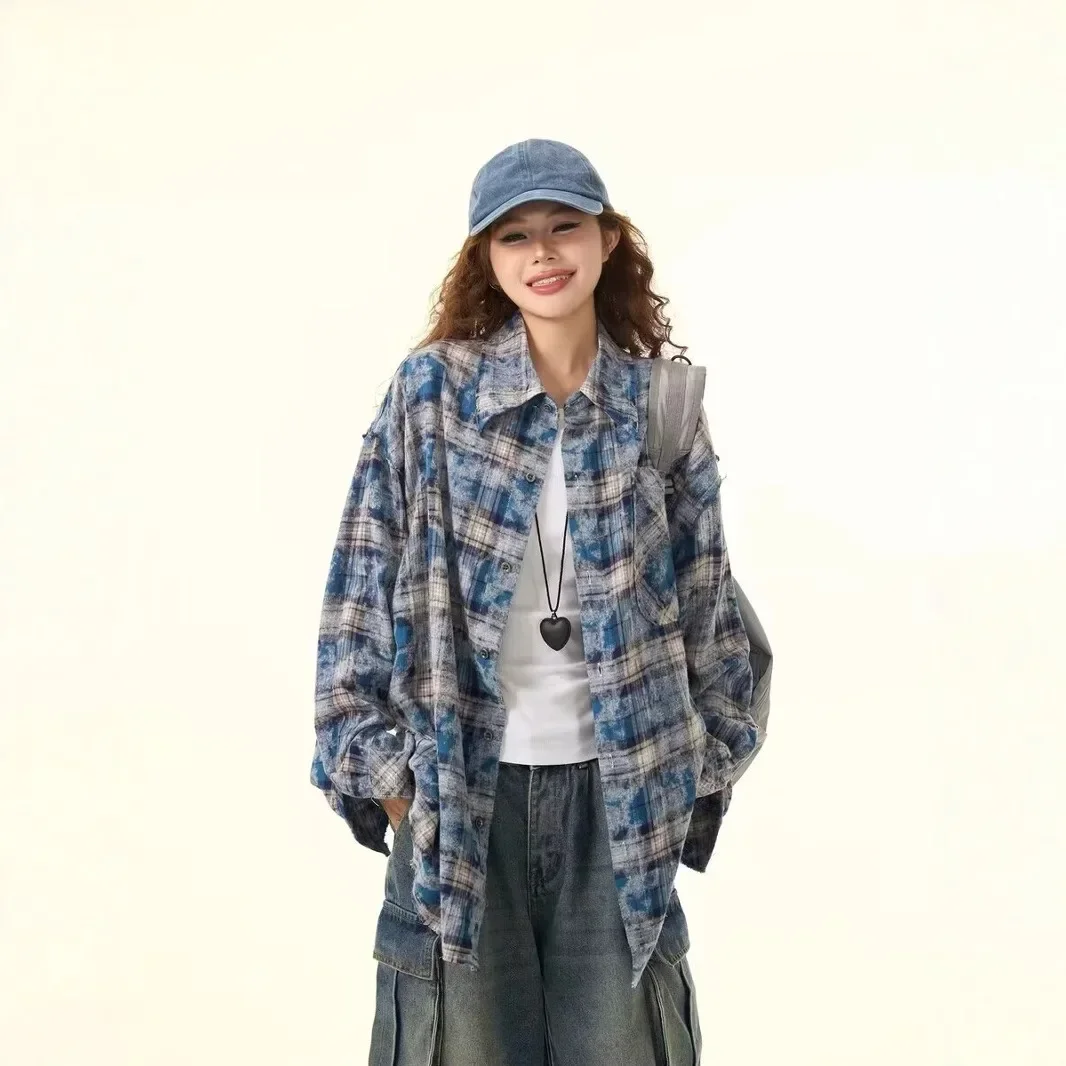 Trendy American Style Blue Plaid Shirt Jacket For Women Streetwear Autumn/Winter Fashionable Distressed Fringe Plaid Top