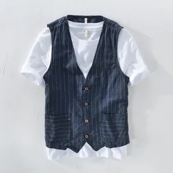 2023 Spring  Autumn New Linen Gentleman Vest Fashion Simple Stripe Slim Fit Coat Button placket Pocket Versatile V-neck Cardigan