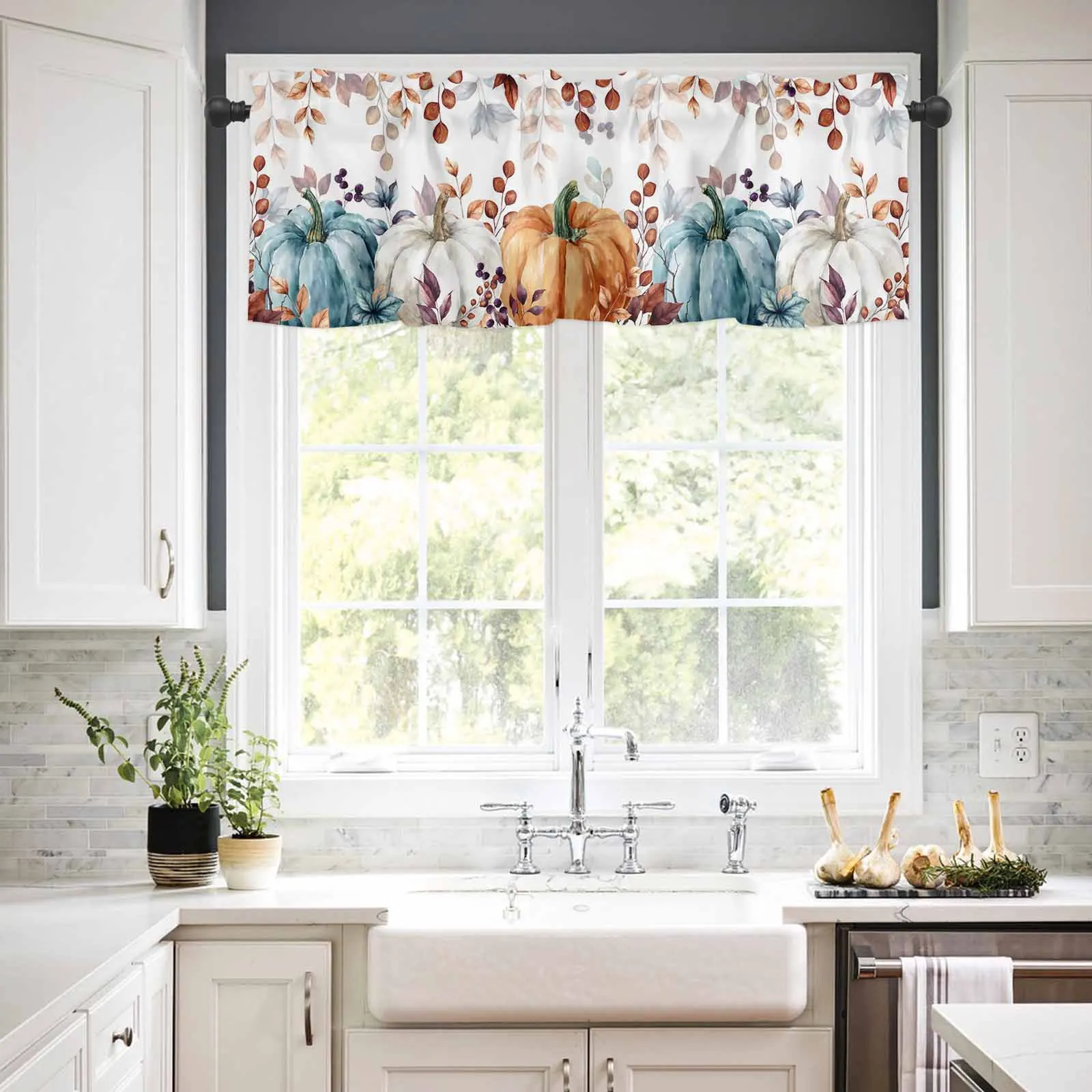 

1PCS Kitchen Short Curtain Valance Autumn Orange White Pumpkin Leaf Rod Pocket Window Home Decoration