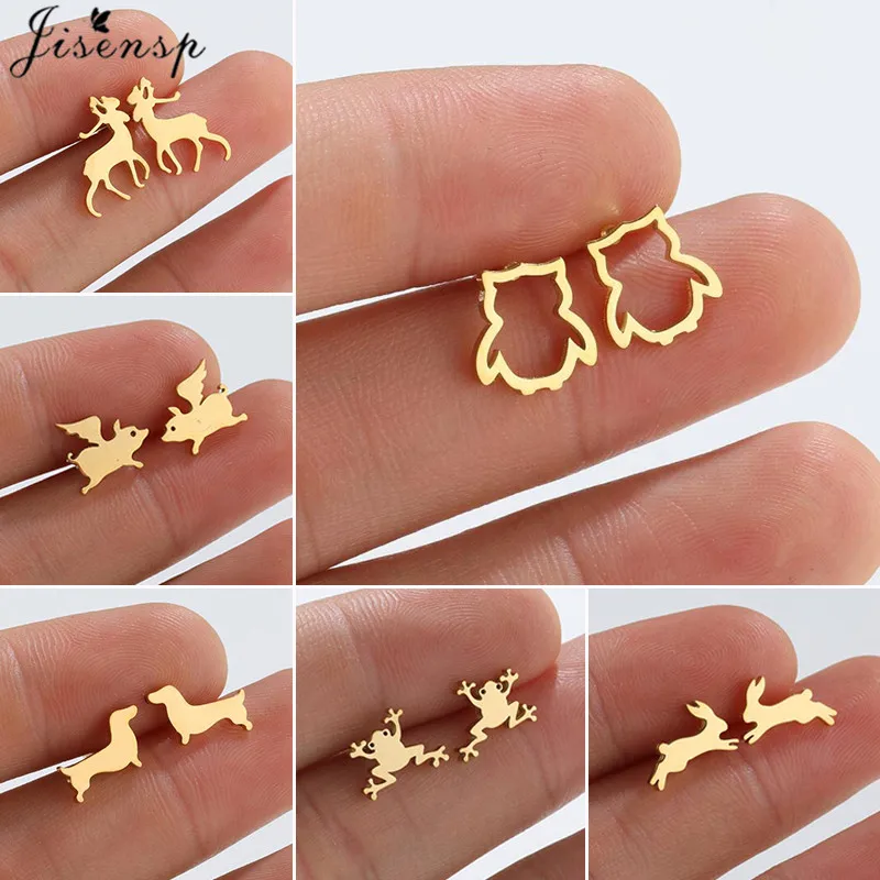 Stainless Steel Mini Stud Earrings for Women Cute Dachshunds Frog Deer Bunny Lion Earings Fashion Jewelry Small Owl Earing Girls