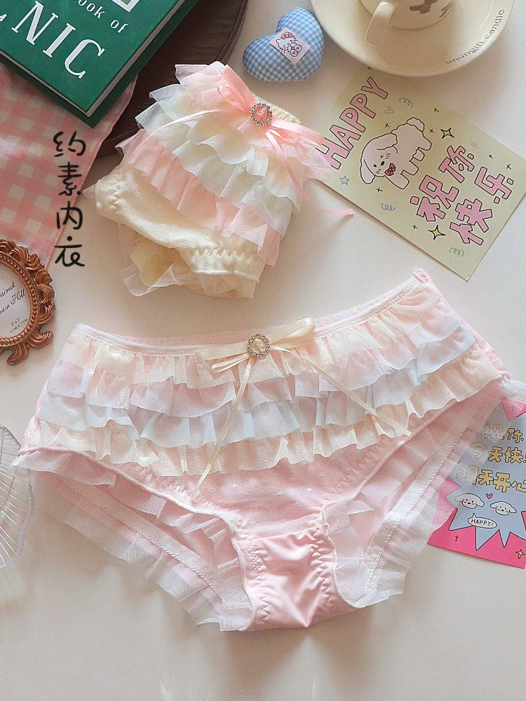 Sexy Lolita Princess Panties, Japanese Cake Layer Lace Net Briefs with Cotton Crotch, New Version Pure-Sexual Women's Underwear
