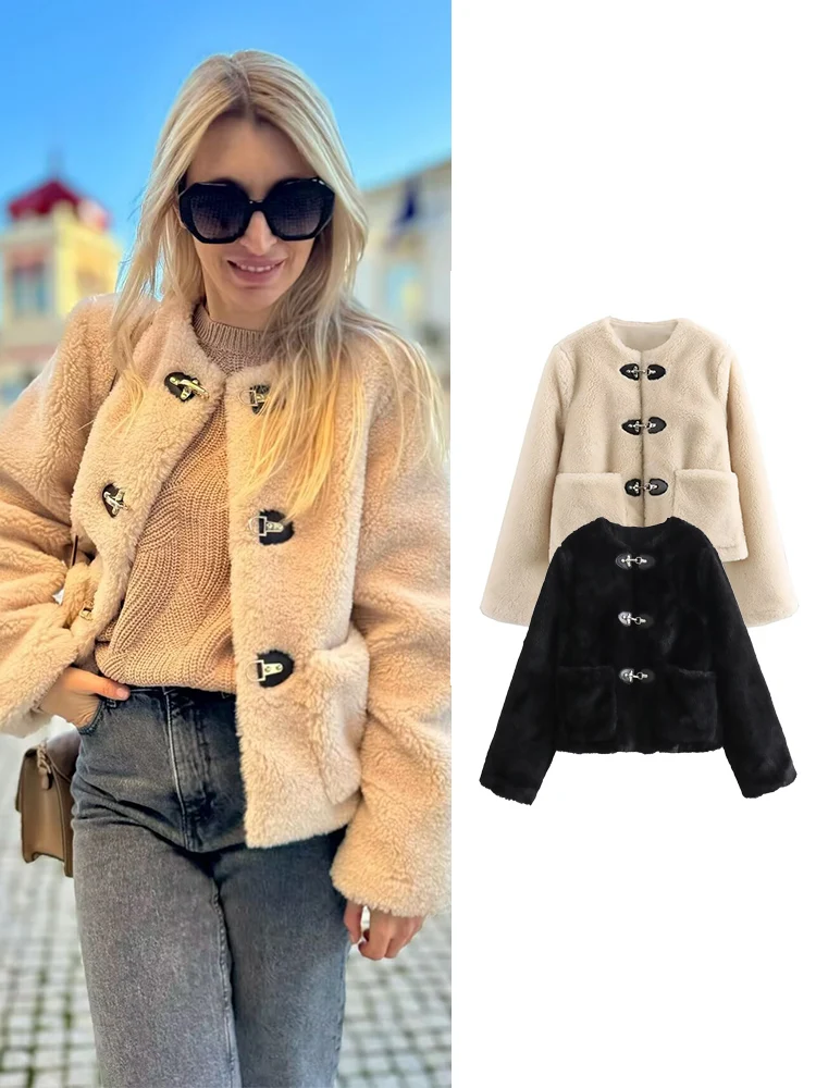 

TFMLN Women's Warm Faux Fur Cropped Jacket Round Neck Long Sleeve Elegant Female Outerwear Fashion Lady Leisure Streetwea