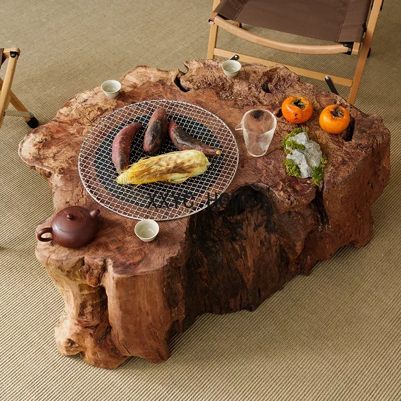 Solid Wood Stove Tea Table Camping Outdoor Tea Cooking Small Coffee Table Side Table Weathering Dried Wood Barbecue Small round