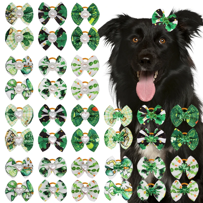 

12/24 Pcs Dog Hair Bows Green St. Patrick's Day Cat Hair Rubber Bands Heart Flower Pet Supplies Puppy Accessories