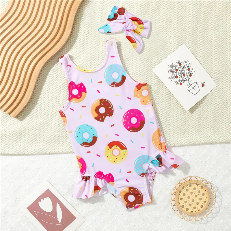 2026 children baby one-piece swimsuit with donut print and ruffle edge for girls' headbands