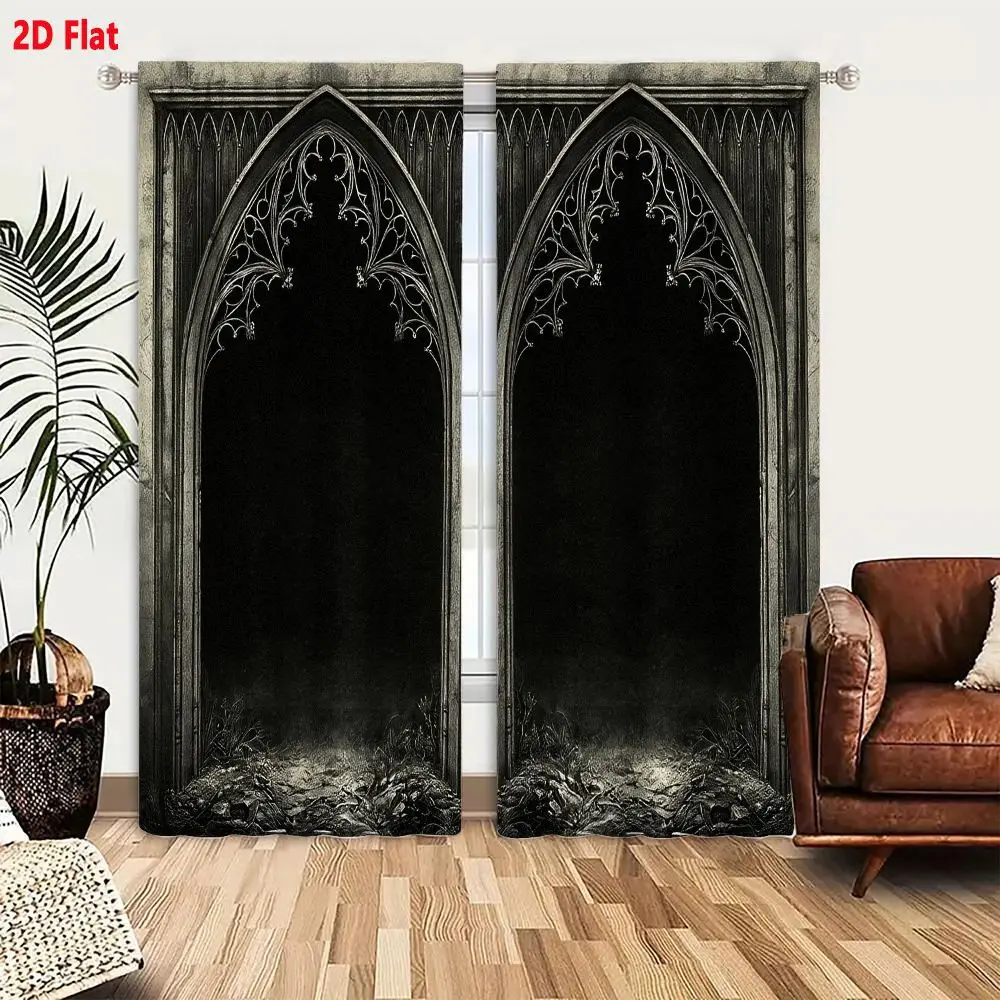 2Pcs Curtains 2D Flat Dark Gothic Architectural Scene With Tall Pointed-Arched Windows And Intricate Tracery Window Drapes for B