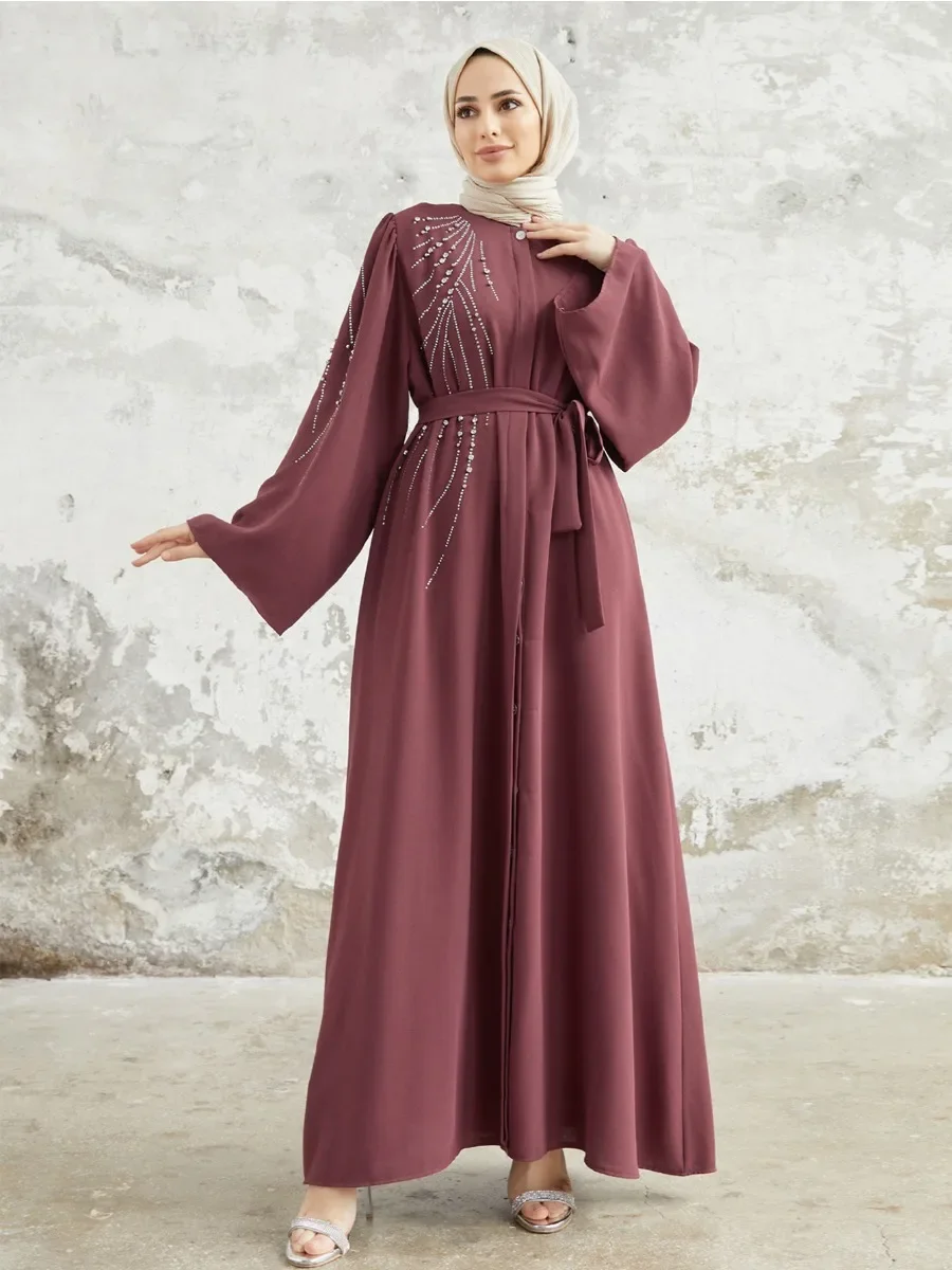 Eid Muslim Party Dress for Women Ramadan Diamond Abaya Long Dress Belt Morocco Kaftan Vestidos Largos Dubai Robe Jalabiya 2024