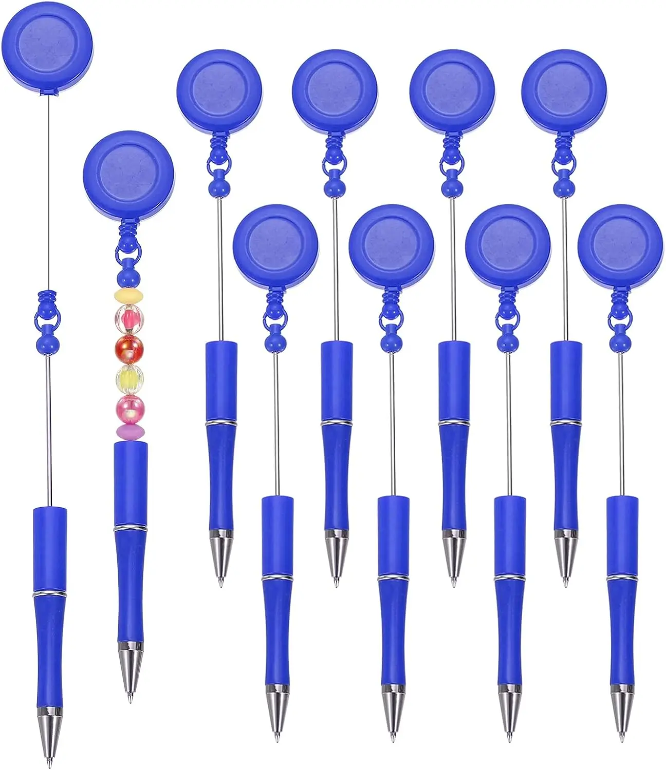 10 Pcs Retractable Badge Reel Beadable Pen Bulk Beaded Ballpoint Pen Black Ink for DIY Making, Office Worker, Waitress, Writing