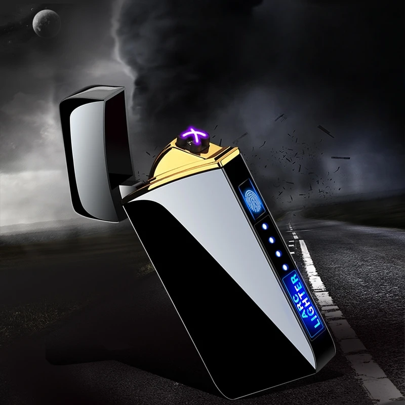 Electric Windproof Metal Lighter Double Arc Flameless Plasma Rechargeable USB Lighter LED Power Display Touch Sensor Lighters