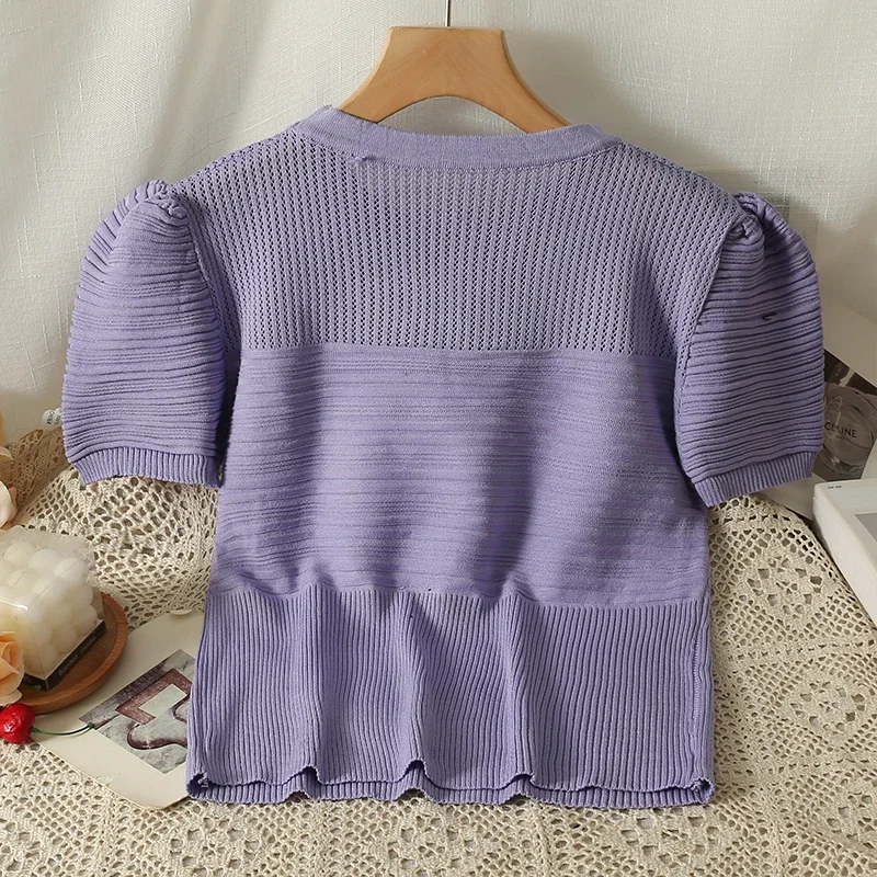 Abrini Women Summer Purple Striped T-shirts Puff Sleeve Sweet Tops O-Neck Basic Causal Tee Office Shirt Blouse Spring