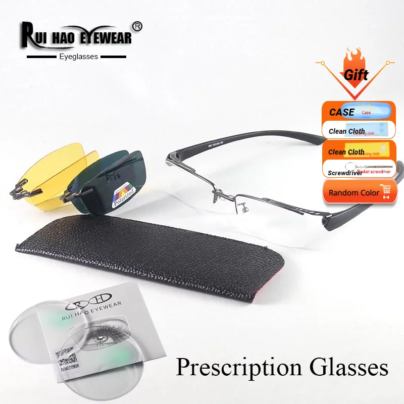 

Customize Prescription Eyeglasses Half Rimless Glasses Fill Resin Lenses Myopia Spectacles Glasses Frame Clip on Sunglasses