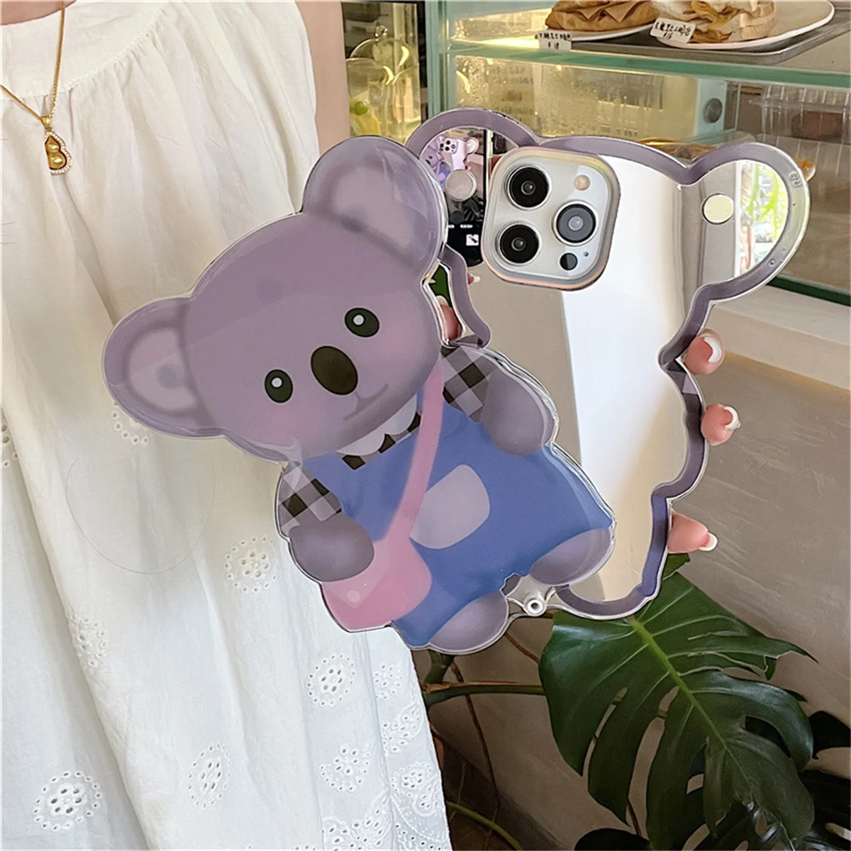 

Kawaii Cartoon Koala Mirror Phone Case For iPhone 16 Pro 15 14 Pro Max 15Pro Cover with Lanyard Crossbody Protective Cases