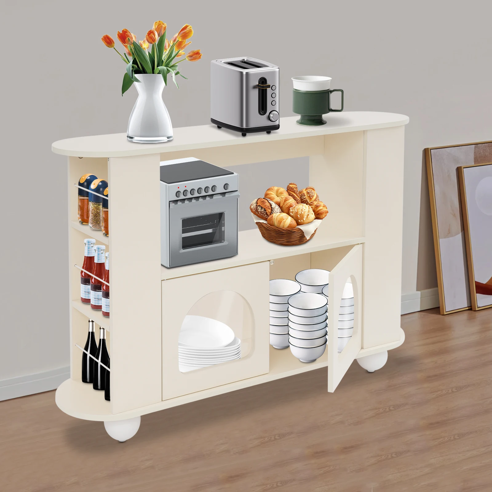 Sideboard Cabinet Creamy White, Kitchen Storage Organizer, Floor Standing Storage Cabinet for Kitchens, Restaurants, Living Rooms