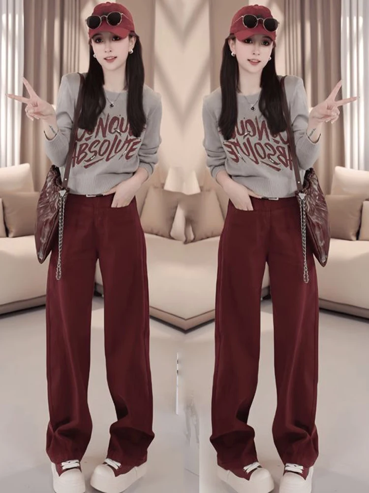

Fashionable round Neck Knitwear And Loose Wide Leg Pants Two Piece Set for Women Spring 2025 Slimming High Waist Design