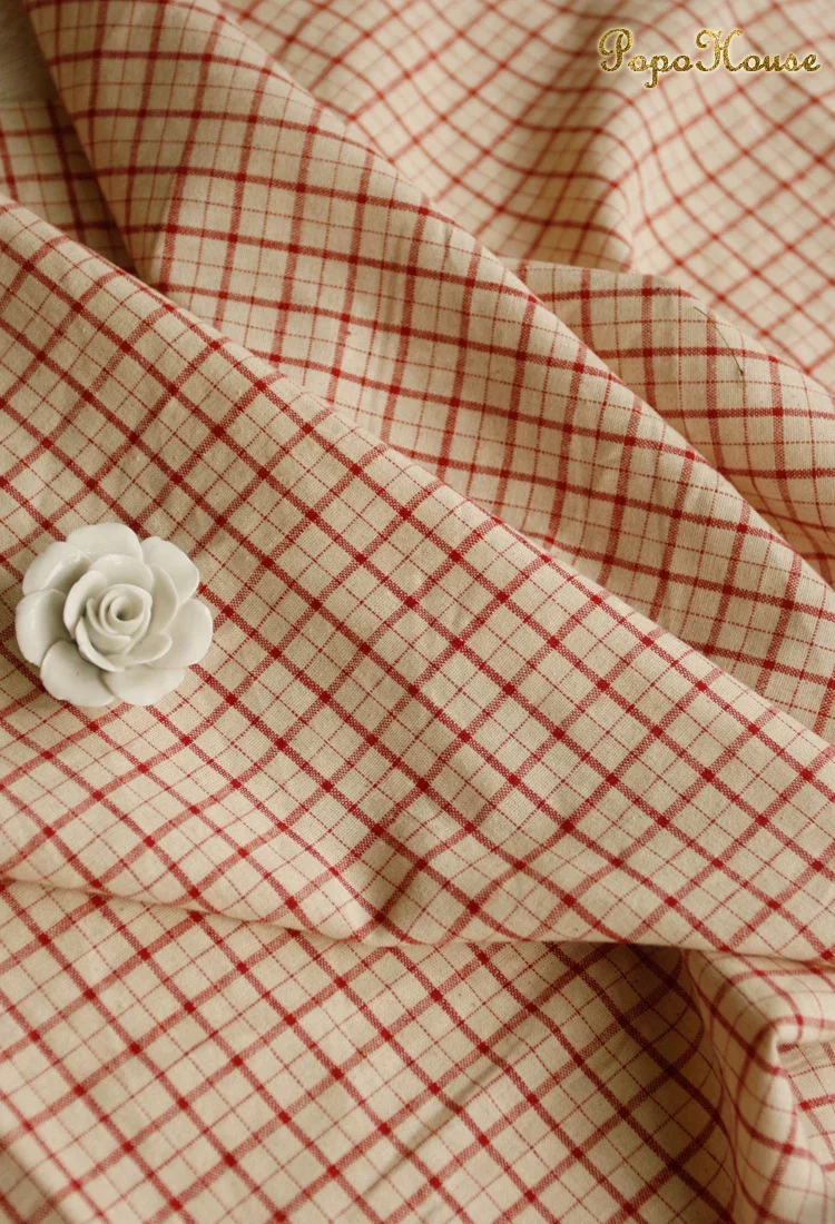 140x50cm Vintage Red Linen Grid Striped Woven Cotton Fabric for Japanese Style Tablecloth Dress Bag Sewing Cloth