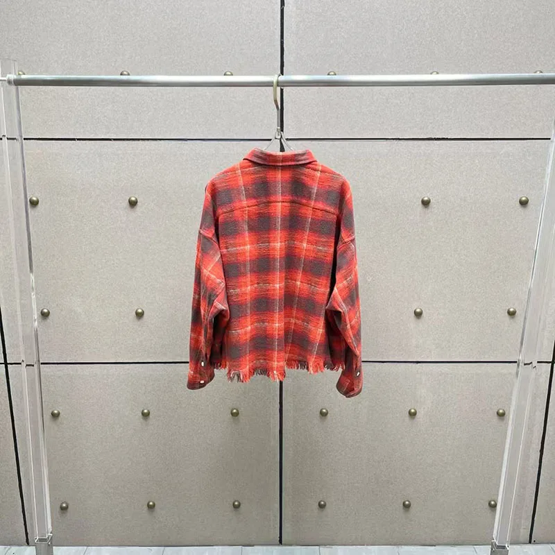Women's Checkered Washed Shirt, Vintage-Washed Frayed Hem Top, Cropped Distressed Long-Sleeve Jacket, Fall, New Arrival, 2025