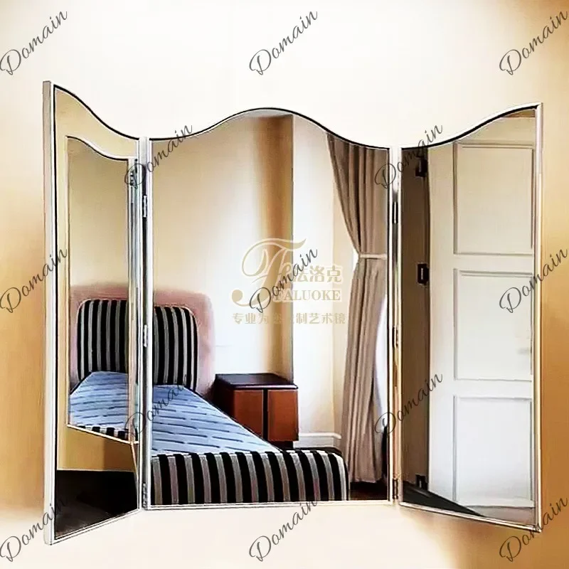 X46 Light Luxury Stainless Steel Three-fold Bathroom Mirror Wall-mounted Folding Desktop Vanity Mirror Famous Decorative Mirror