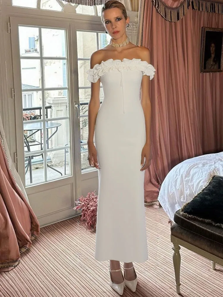 Elegancka sukienka maxi z falbanami, odkrywająca ramiona, damska, sznurowana, seksowna, z odkrytymi plecami, idealna na studniówkę, letnie ubrania, wesele, imprezę, festiwal.