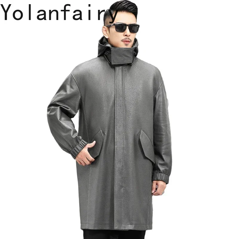 

YOLANFAIRY Autumn Winter Natural Leather Jacket Men Genuine Leather Long Windbreaker Hooded Top Layer Calfskin Leather Coat