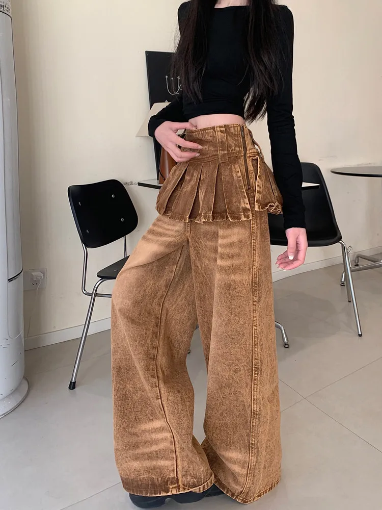 2026 Cyber Y2K Streetwear Vintage Braune Baggy Stacked Jeans für Damen – Weite Bein Denim-Hose Pantalon Femme – Detail 10