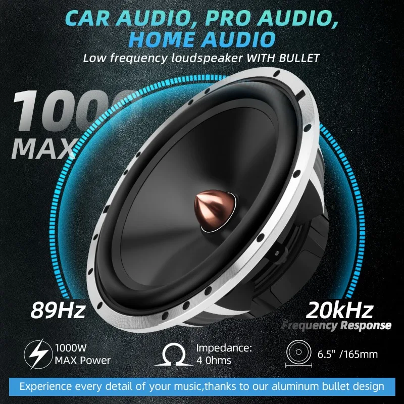 2Pcs 6.5 Inch Car Speakers with Bullet Phase Plug Design 1000W Mid-low Frequency Car Stereo Speakers Universal Car Audio System