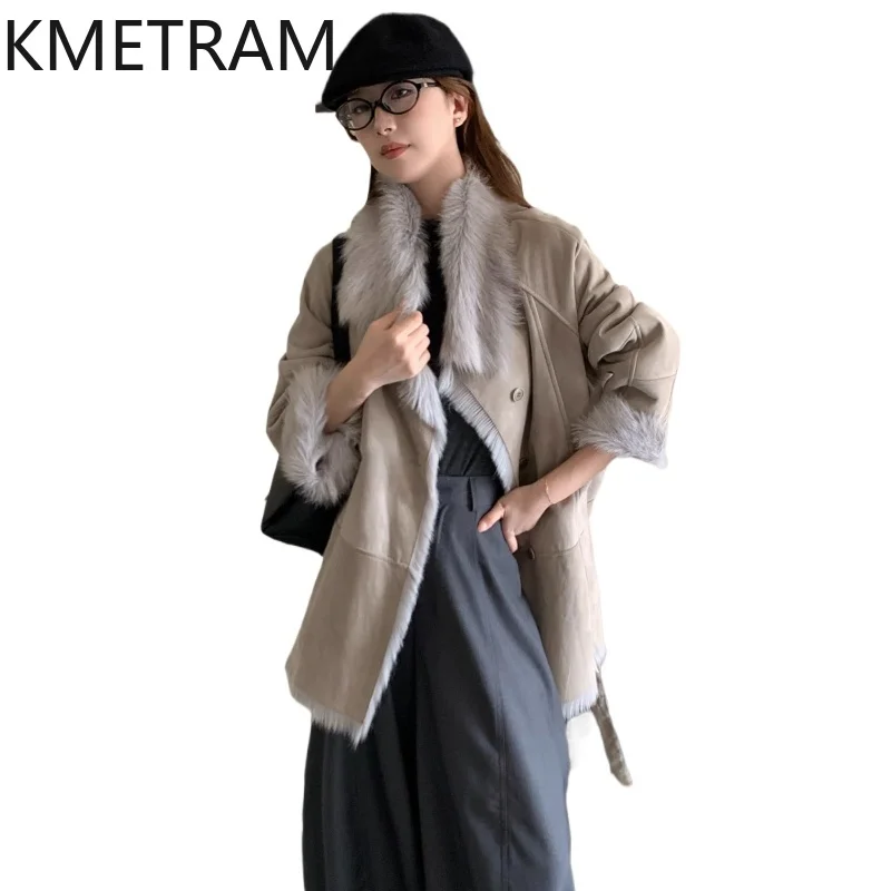 KMETRAM 100% Natural Goat Sheepskin Wool Fur Coat with Removable Belt Light Grey Winter Women Clothing 2025 manteaux hiver femme
