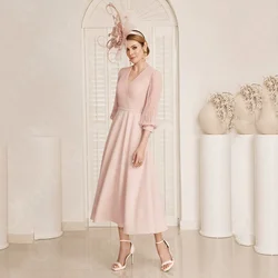 Customized Vintage Pale Pink Mother of the Bride Dresses 2025 Mother Gowns Mid Calf Length 3/4 Sleeve Wedding Party Dress V Neck