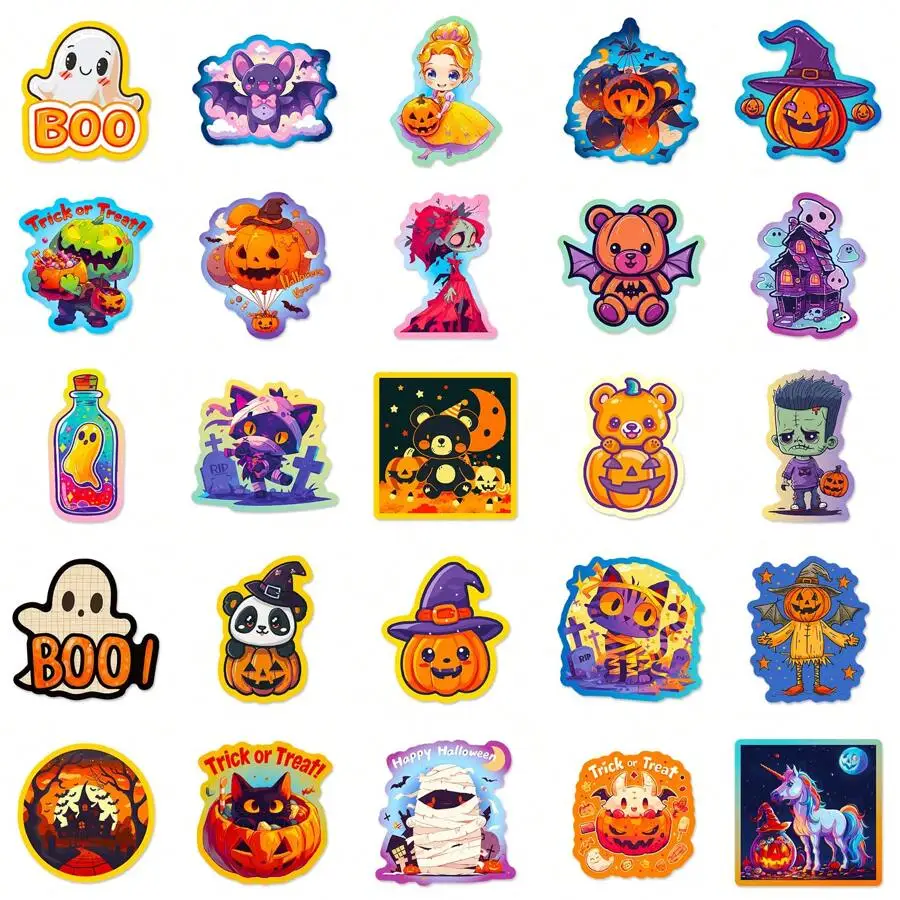 50pcs Halloween Graffiti Stickers, Pumpkin Bat Castle Dark Cute Ghost Cartoon Stickers, Water Cup Luggage Decoration Stickers,