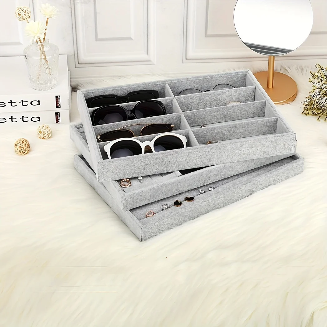 Gray Glasses Organizer, Jewelry  Tray, 8-grid Velvet Watch  Tray, Stackable Jewelry Display  Box