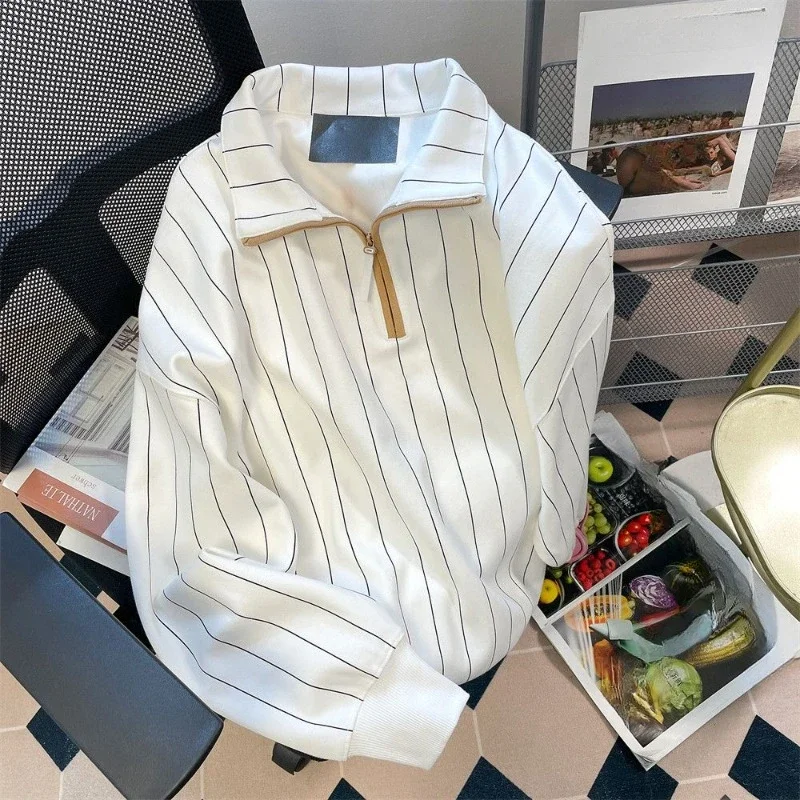 

Мужская толстовка EBAIHUI с контрастной молнией и отложным воротником, в полоску, в студенческом стиле, Мужской пуловер, осенний Повседневный Универсальный шикарный топ