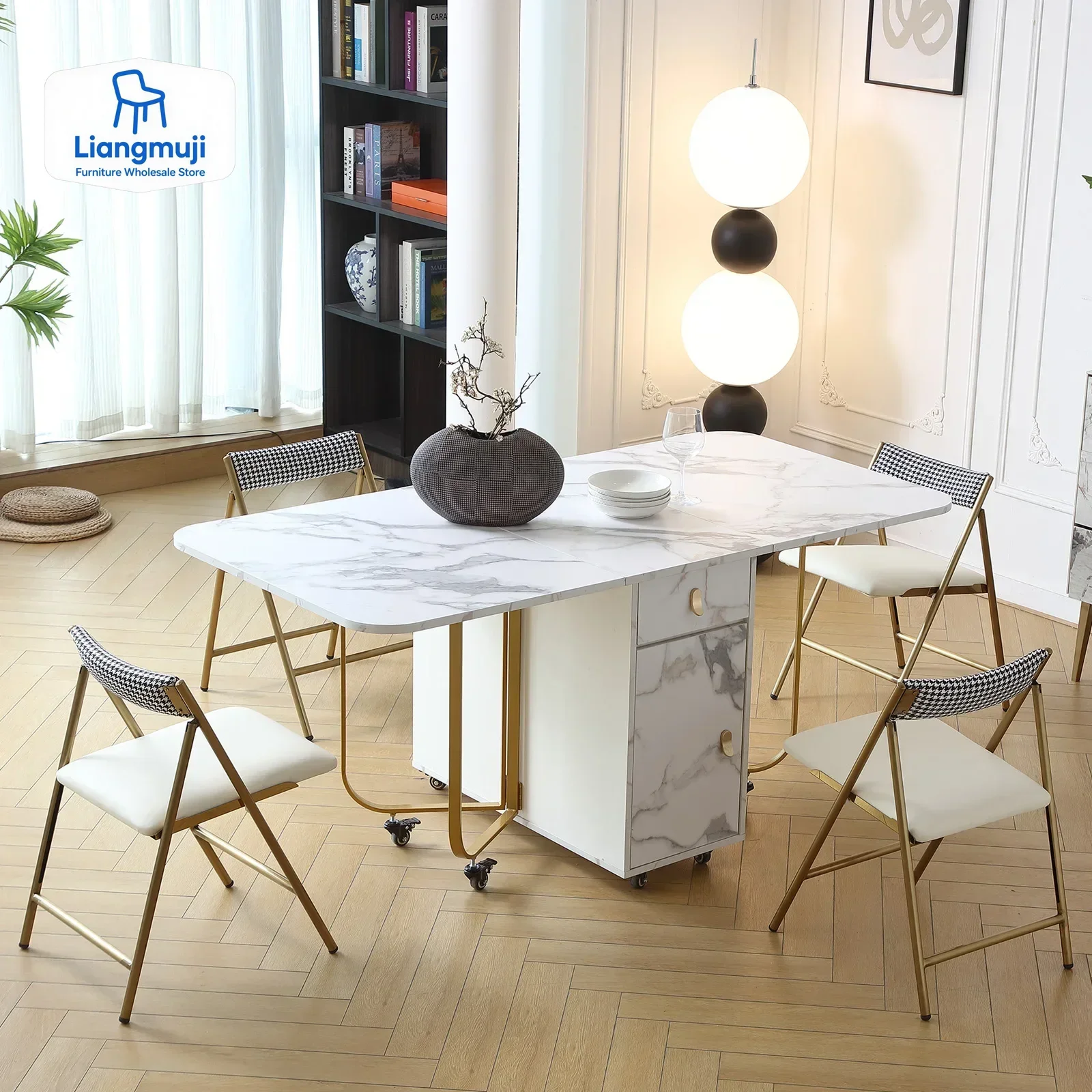 Movable Folding Dining Table with Storage Rack and 2 Drawers Extendable Versatile Kitchen Table and Metal Folding Dining Chairs