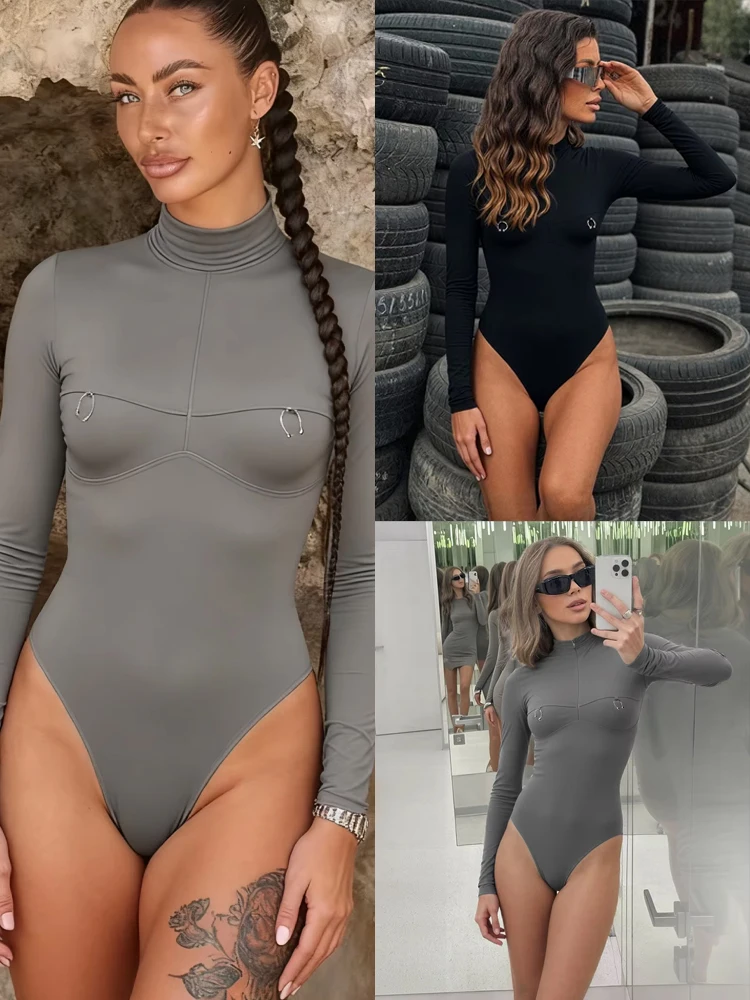 

Cutenew классические простые боди женские на молнии с металлическим кольцом украшения полуводолазка с длинным рукавом обтягивающая эластичность сексуальная уличная одежда