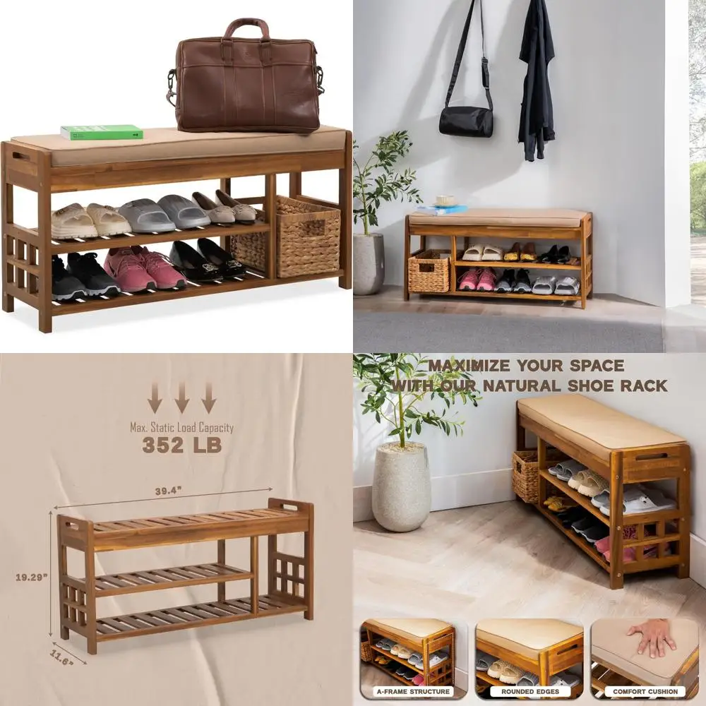 مقعد تخزين الأحذية من خشب السنط مع مقعد مبطن ومقابض سهلة الحركة - منظم مدخل متعدد المستويات #1
