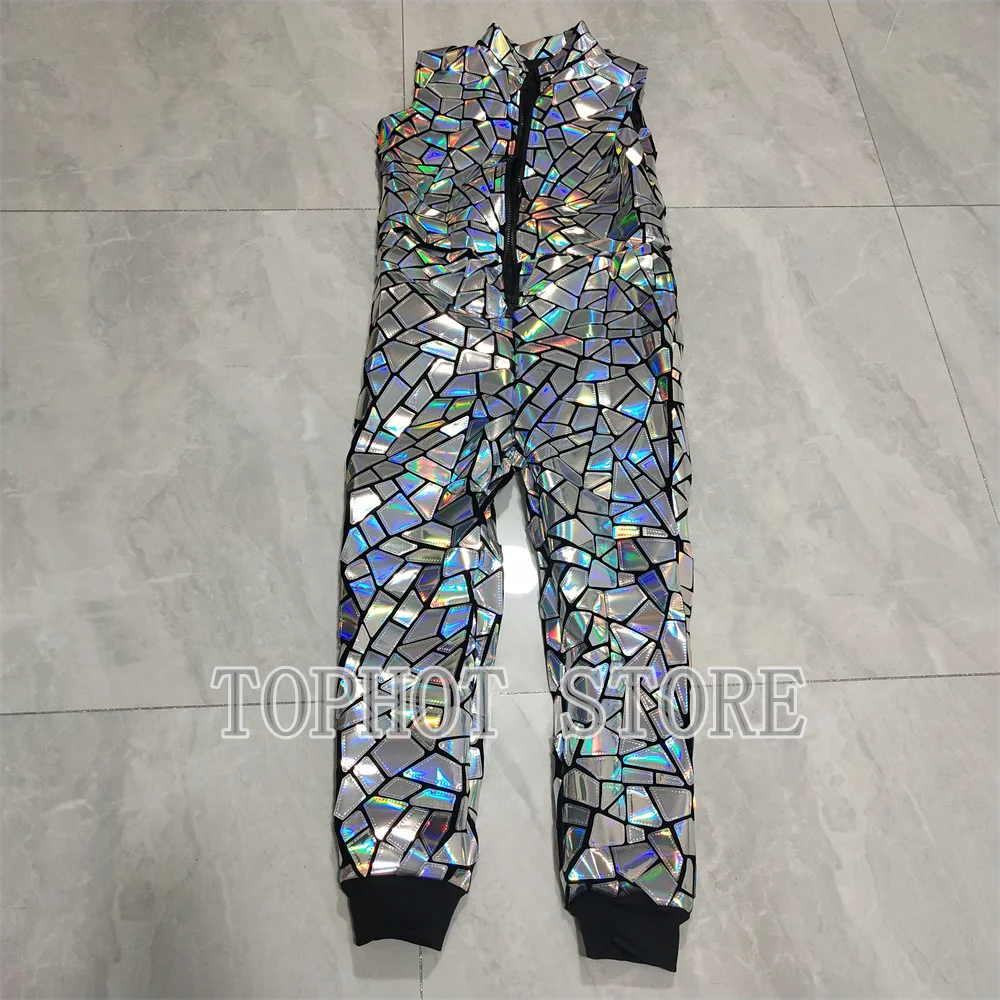 Glitter Silver Laser Mirror Sleeveless Jumpsuit Men Hip Hop Dance Team Bar Stage Performance Costume Festival Party Rave Outfits