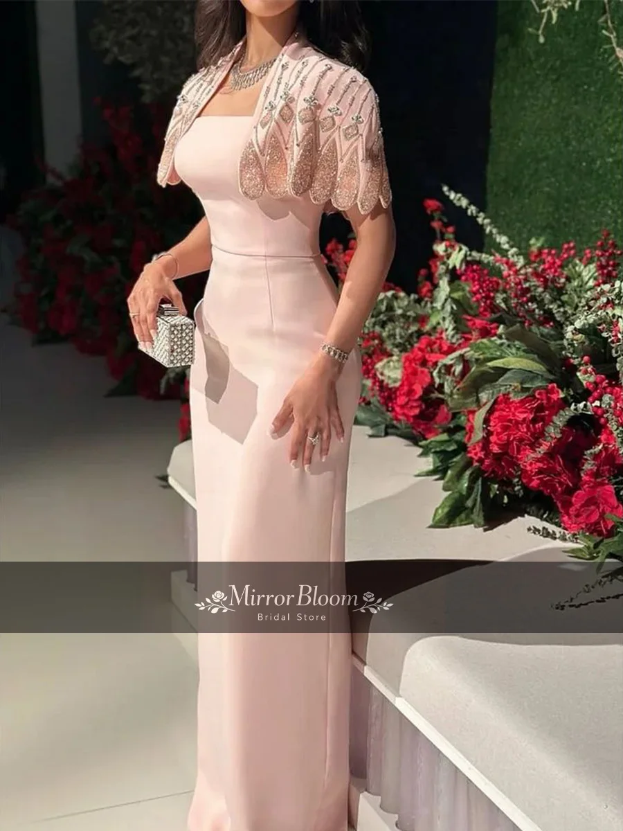 

Customize Pink Muslim Evening Dress Women Beaded Cape Sleeve Square Neck Satin Formal Prom Gown Luxury Bodycon Maxi Wedding Gown