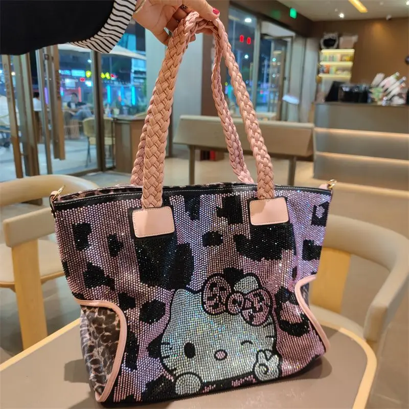 

Sanrio Hello Kitty Shoulder Bag with Sparkling Crystal Rhinestone PU Leather Tote Bag for Women Ladies Light Luxury Designer