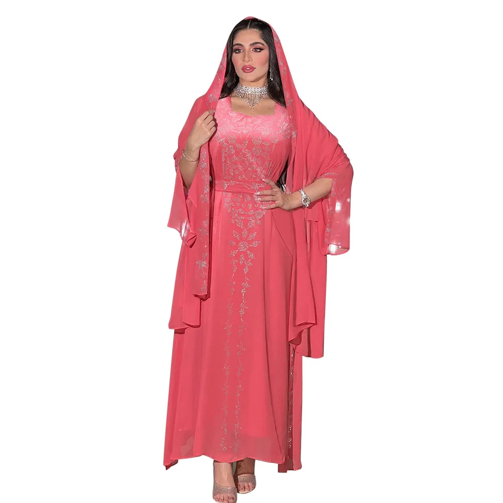 With Headscarf 2023 Summer Autumn Elegant Muslim Long Sleeve V-neck Pink Purple Long Abaya Muslim Fashion Dress Abaya Dress